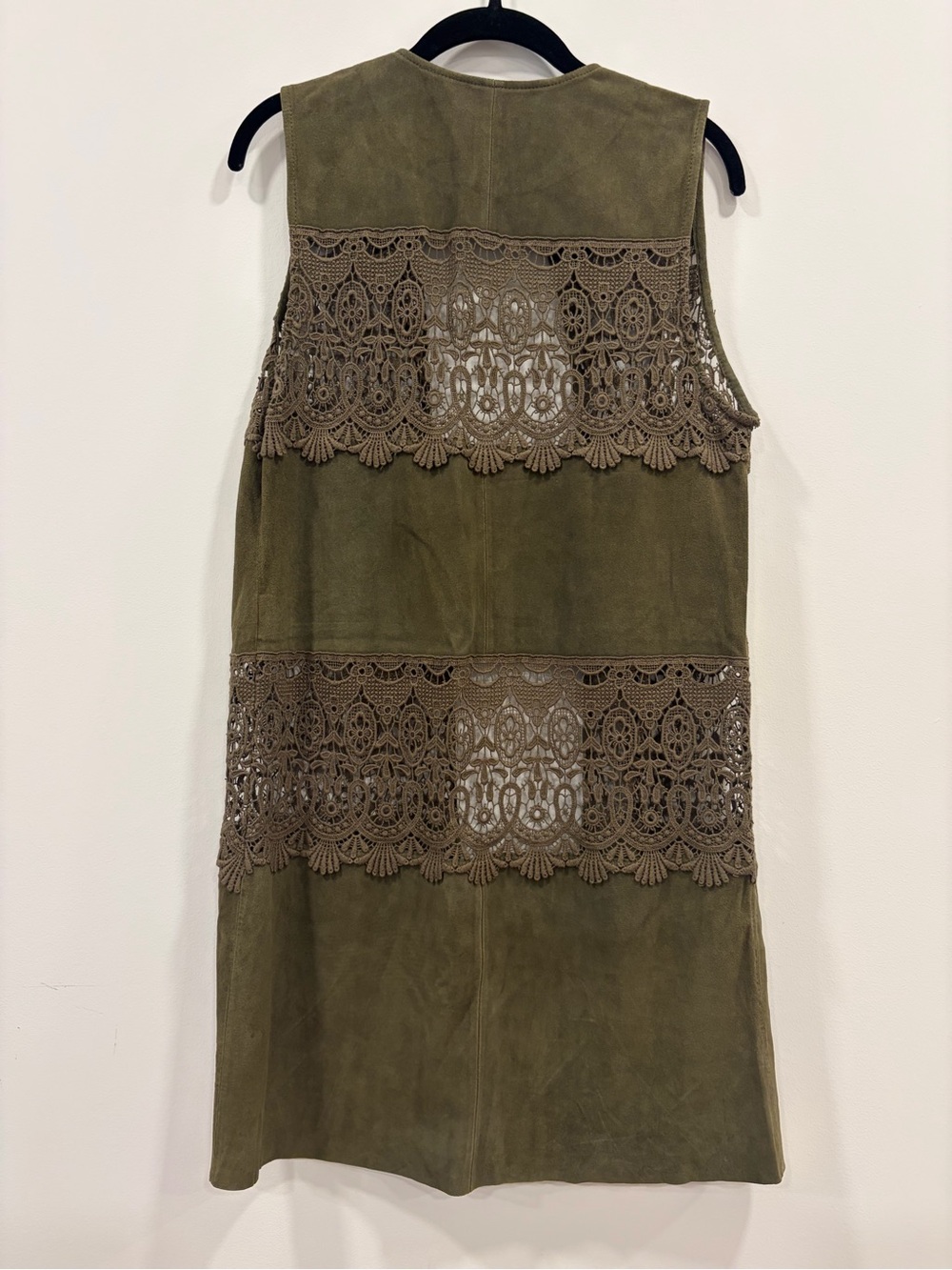 Bagatelle Collection S Olive Genuine Leather Crochet Lace Long Vest Boho Duster - Picture 2 of 10